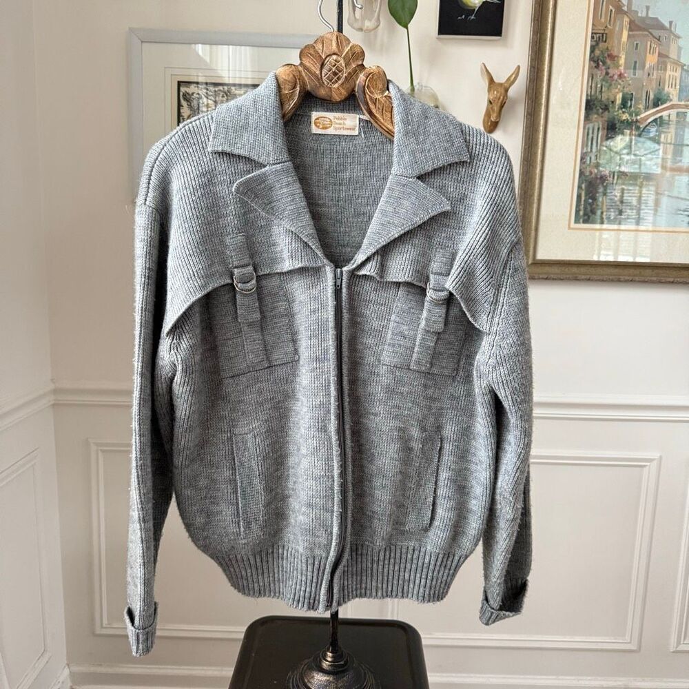 Vintage 70s Pebble Beach Sportswear Grey Zip Sweater Cardigan Jacket XL